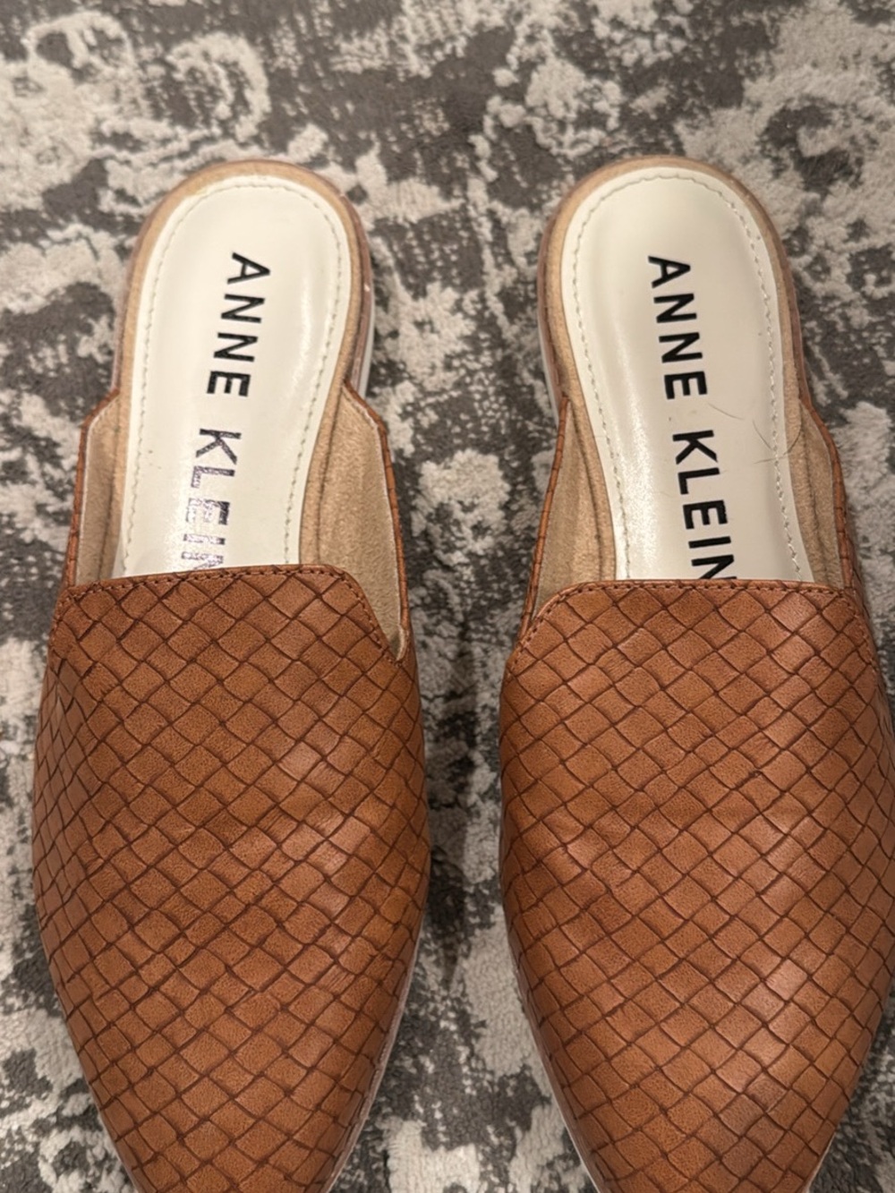 Anne Klein Woven Leather Slip-On Mules in Cognac